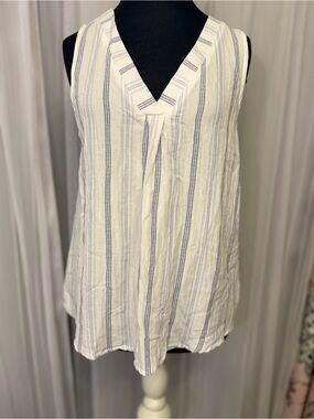 Blu Pepper Blue White Striped Sleeveless Blouse Small Button Back Coastal